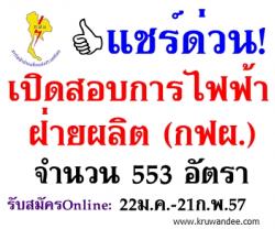 ด่วน! เปิดสอบการไฟฟ้าฝ่ายผลิต (กฟผ.) 2557 จำนวน 553 อัตรา - รับสมัคร 22 มกราคม ถึง 21 กุมภาพันธ์ 2557