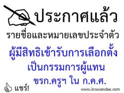 ประกาศรายชื่อและหมายเลขประจำตัวผู้มีสิทธิเข้ารับการเลือกตั้งเป็นกรรมการผู้แทน ขรก.ครูฯ ใน ก.ค.ศ.