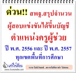 สรุปจำนวนผู้สอบแข่งขันได้ขึ้นบัญชี ตำแหน่งครูผู้ช่วย ปี พ.ศ. 2556 และ ปี พ.ศ. 2557