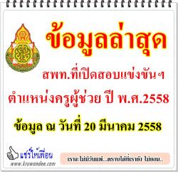 สพท.ที่เปิดสอบแข่งขันฯตำแหน่งครูผู้ช่วย ปี พ.ศ.2558 ข้อมูล ณ วันที่ 20 มีนาคม 2558