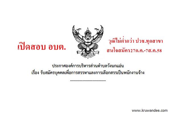 วุฒิไม่ต่ำกว่า ปวช.ทุกสาขา 3 อัตรา เปิดสอบท้องถิ่นอบต.วังนกแอ่น สมัคร27ก.ค.-7ส.ค.2558