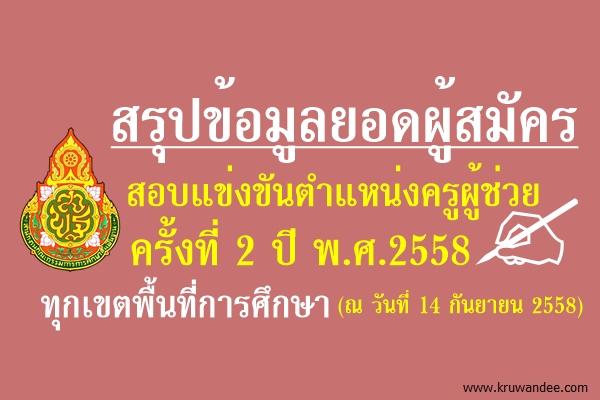 สรุปข้อมูลผู้สอบแข่งขันตำแหน่งครูผู้ช่วย ครั้งที่ 2 ปี พ.ศ.2558 ณ วันที่ 14 กันยายน 2558