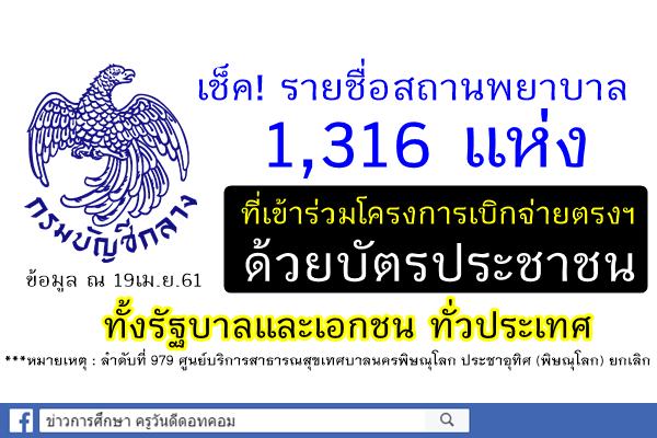 เช็ครายชื่อ!! สถานพยาบาล1,316แห่ง ที่เข้าร่วมโครงการเบิกจ่ายตรงค่ารักษาพยาบาลด้วยบัตรประชาชน (เริ่มใช้4พ.ค61)