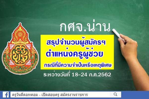 กศจ.น่าน สรุปจำนวนผู้สมัครสอบครูผู้ช่วย กรณีพิเศษ ปี2562 ระหว่าง 18-24 ก.ค.2562