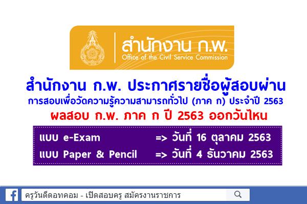 สำนักงาน ก.พ. ประกาศรายชื่อผู้สอบผ่าน ภาค ก ปี 2563 ผลสอบ ก.พ. ภาค ก ปี 63 ออกวันที่ 16 ต.ค. และ 4 ธ.ค.2563