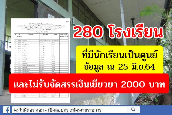 280 โรงเรียน ที่มีนักเรียนเป็นศูนย์ ณ 25 มิ.ย.64 และไม่รับจัดสรรเงินเยียวยา 2000 บาท