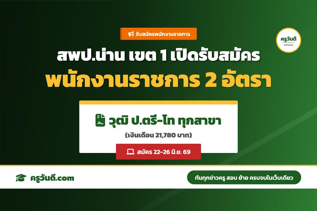 สพป.น่าน เขต 1 รับสมัครพนักงานราชการ วุฒิปริญญาตรีทุกสาขา เงินเดือน 21,780 บาท (รับสมัคร 22-26 มิ.ย. 69)