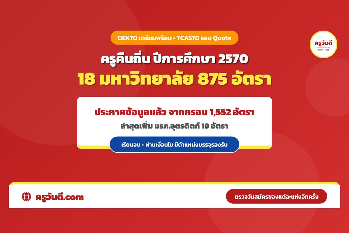 ข่าวดี DEK70! ครูคืนถิ่น 2570 รวมข้อมูลแล้ว 875 อัตรา เรียนจบผ่านเงื่อนไข มีตำแหน่งบรรจุรองรับ
