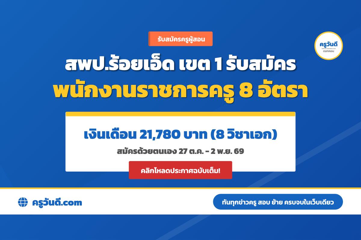 สพป.ร้อยเอ็ด เขต 1 รับสมัครพนักงานราชการ ตำแหน่งครูผู้สอน 8 อัตรา สมัคร 27 ต.ค. - 2 พ.ย. 2569