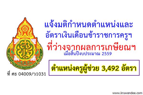 ก.ค.ศ.อนุมัติตำแหน่งและอัตราเงินเดือนข้าราชการครูฯ ตำแหน่งครูผู้ช่วย 3,492 อัตรา
