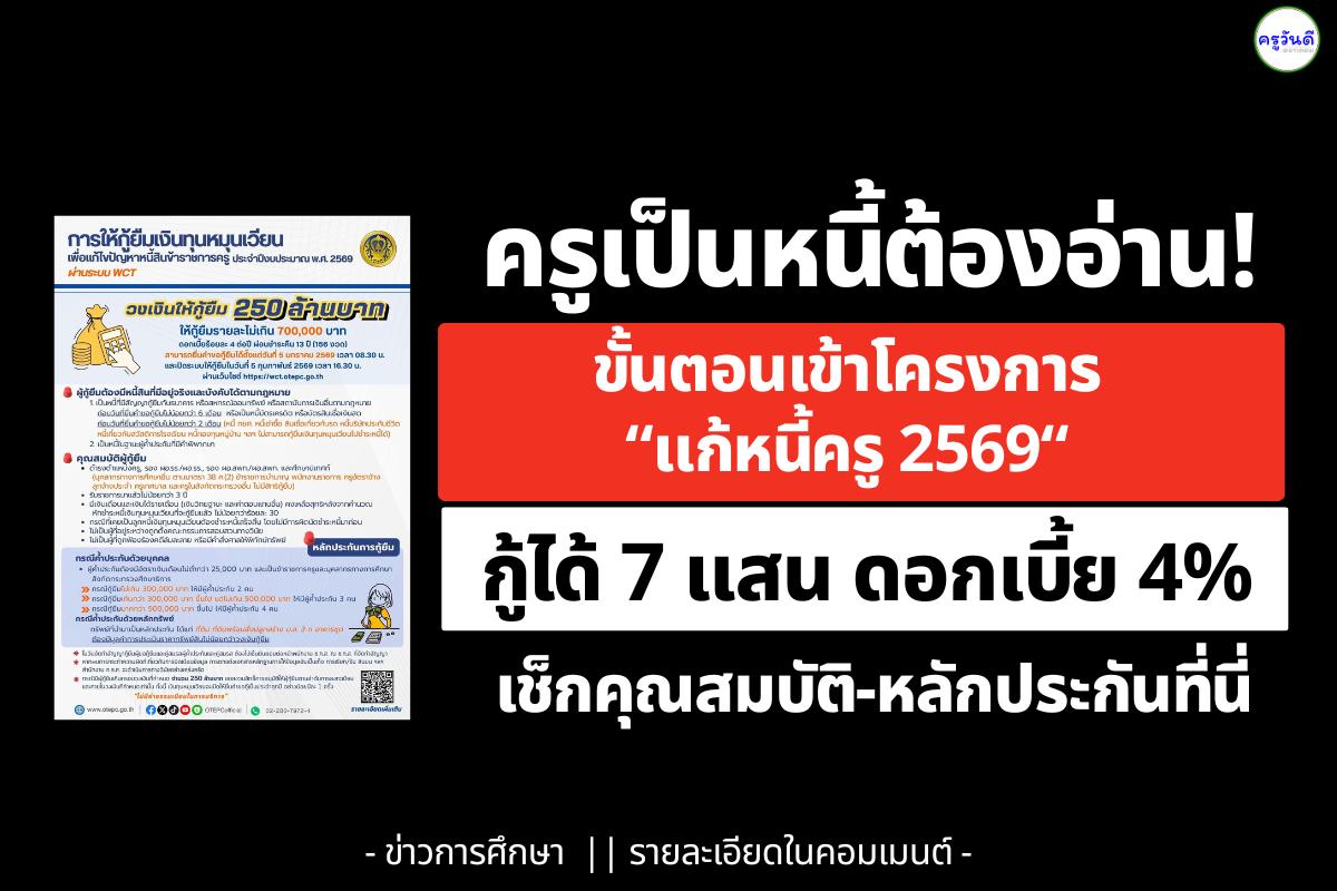 สรุปครบ! ขั้นตอนเข้าโครงการแก้หนี้ครู 2569 กู้ได้ 7 แสน ดอกเบี้ย 4% เช็กคุณสมบัติ-หลักประกันที่นี่