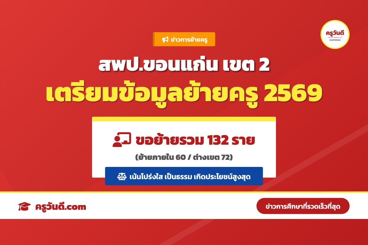 อัปเดตย้ายครู 69! สพป.ขอนแก่น เขต 2 เตรียมข้อมูลย้ายแล้ว เผยยอดผู้ขอย้ายรวม 132 ราย