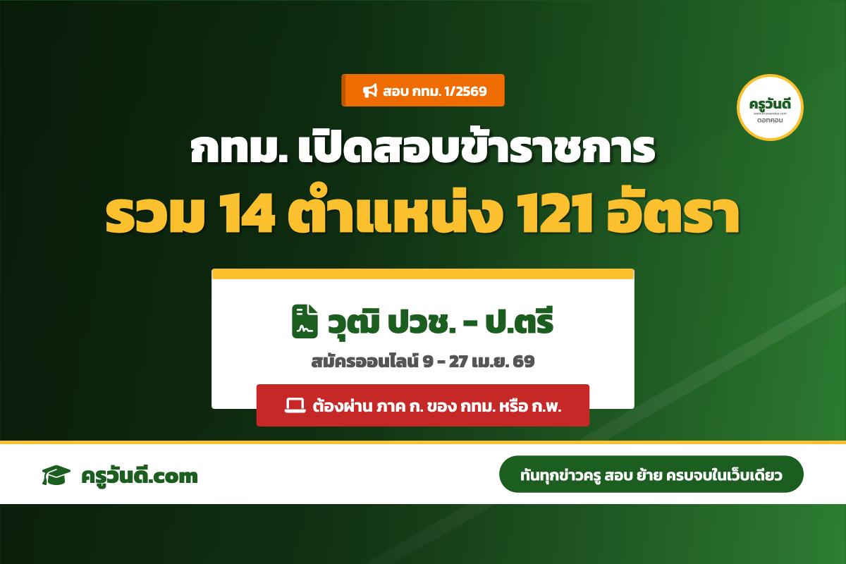 กทม. รับสมัครสอบแข่งขันบรรจุข้าราชการสามัญ 121 อัตรา (สมัครออนไลน์ 9-27 เม.ย. 69)