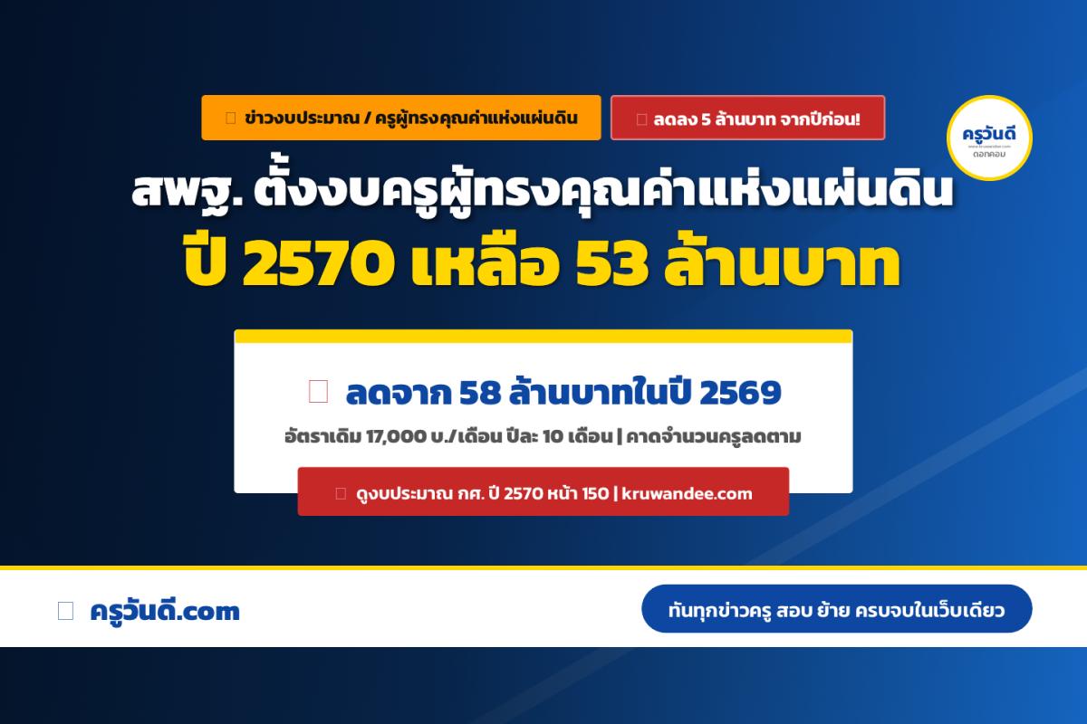 สพฐ. ตั้งงบครูผู้ทรงคุณค่าแห่งแผ่นดิน ปี 2570 จำนวน 53 ล้านบาท ลดลง 5 ล้านบาท จากปีก่อน