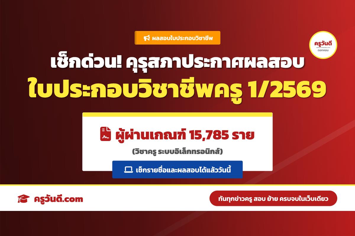 คุรุสภา ประกาศผลสอบใบประกอบวิชาชีพครู ครั้งที่ 1/2569 (วิชาครู) ผู้ผ่านเกณฑ์ 15,785 ราย