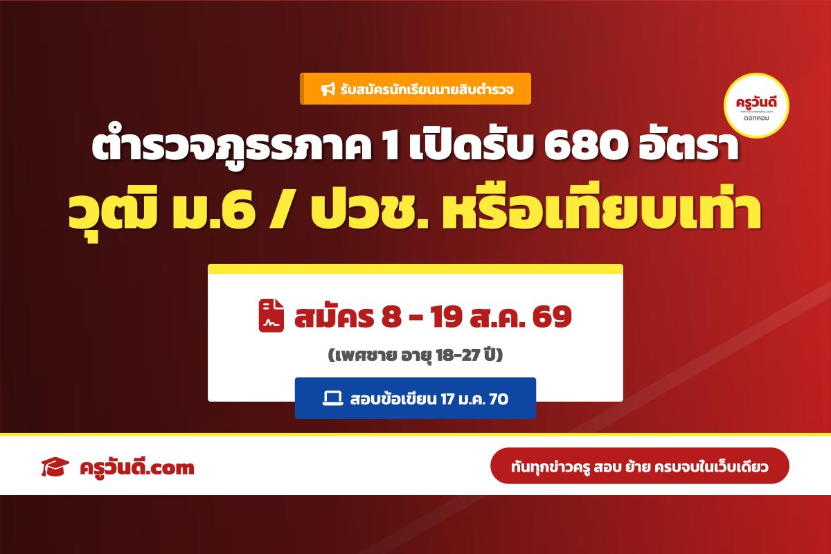 ตำรวจภูธรภาค 1 เปิดรับสมัครนักเรียนนายสิบตำรวจ (นสต.) ปี 2569 จำนวน 680 อัตรา รับสมัคร 8-19 ส.ค. 69