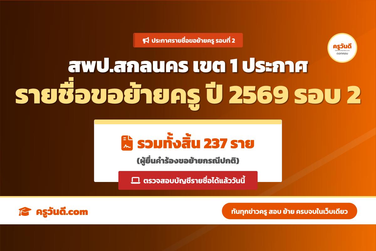 ประกาศแล้ว! รายชื่อย้ายครู สพป.สกลนคร เขต 1 ปี 2569 รอบที่ 2 เช็กด่วน 237 ราย