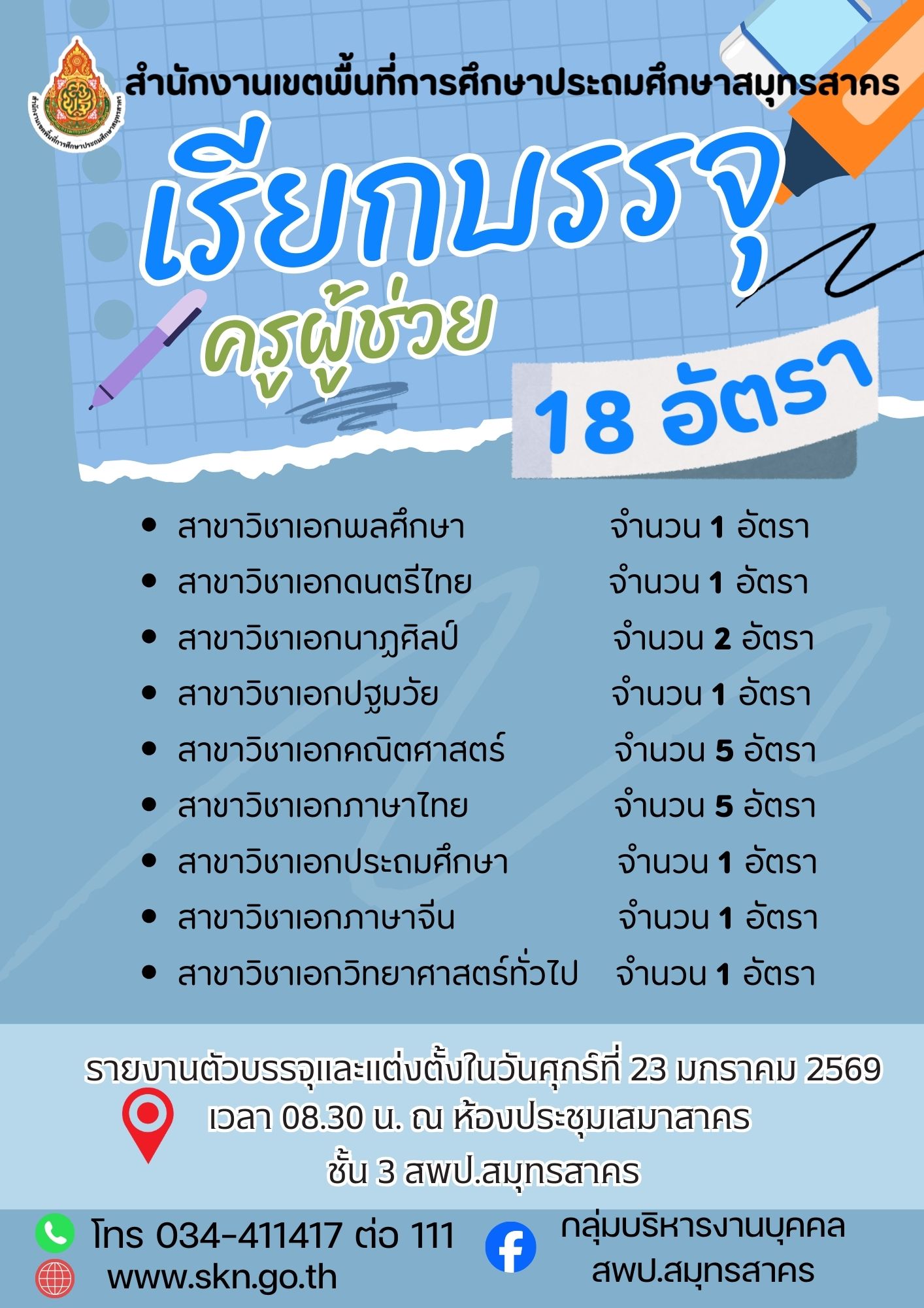 สพป.สมุทรสาคร เรียกบรรจุครู 18 อัตรา
