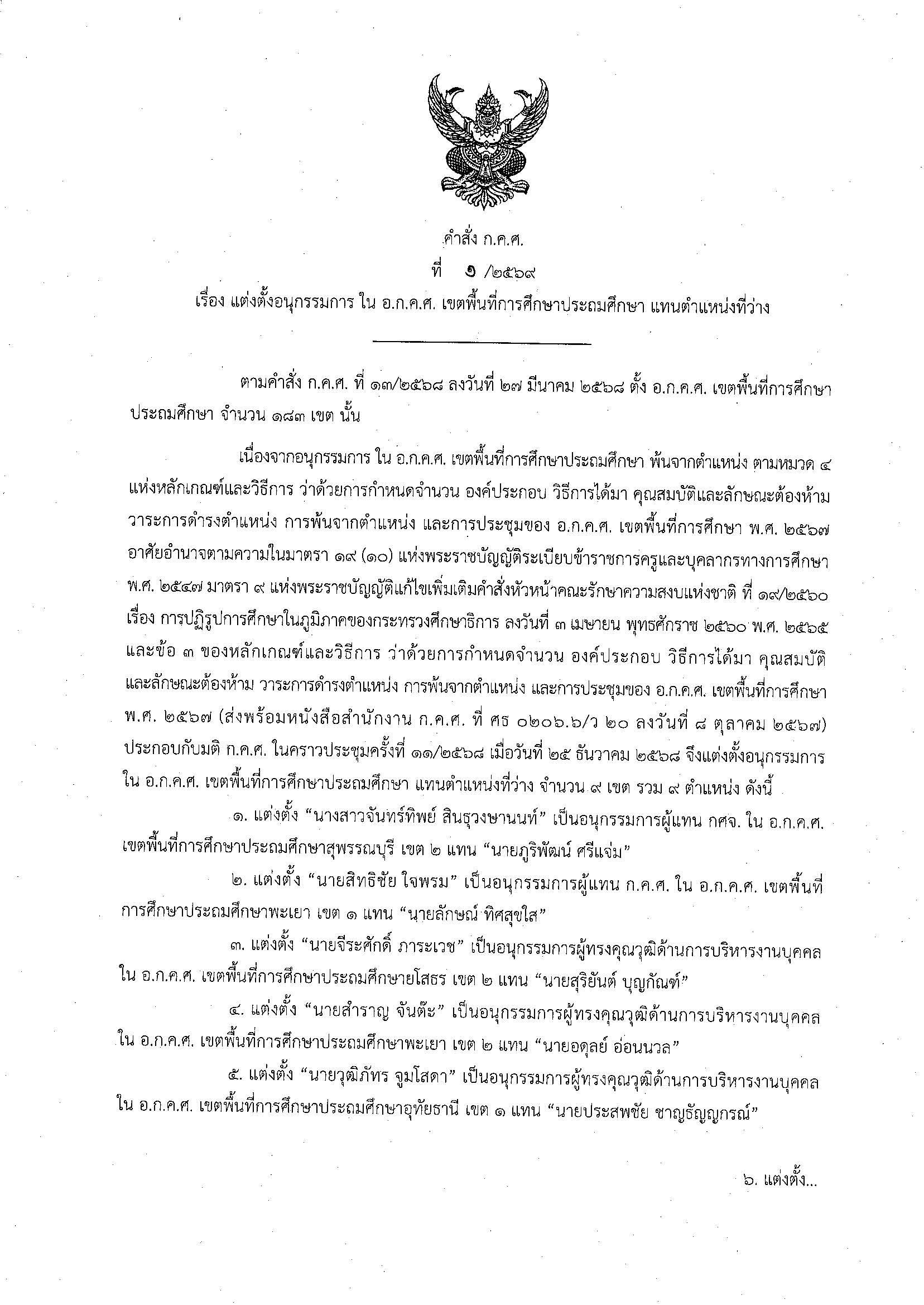 คำสั่ง ก.ค.ศ. ที่ 1/2569 ประถม หน้า 1
