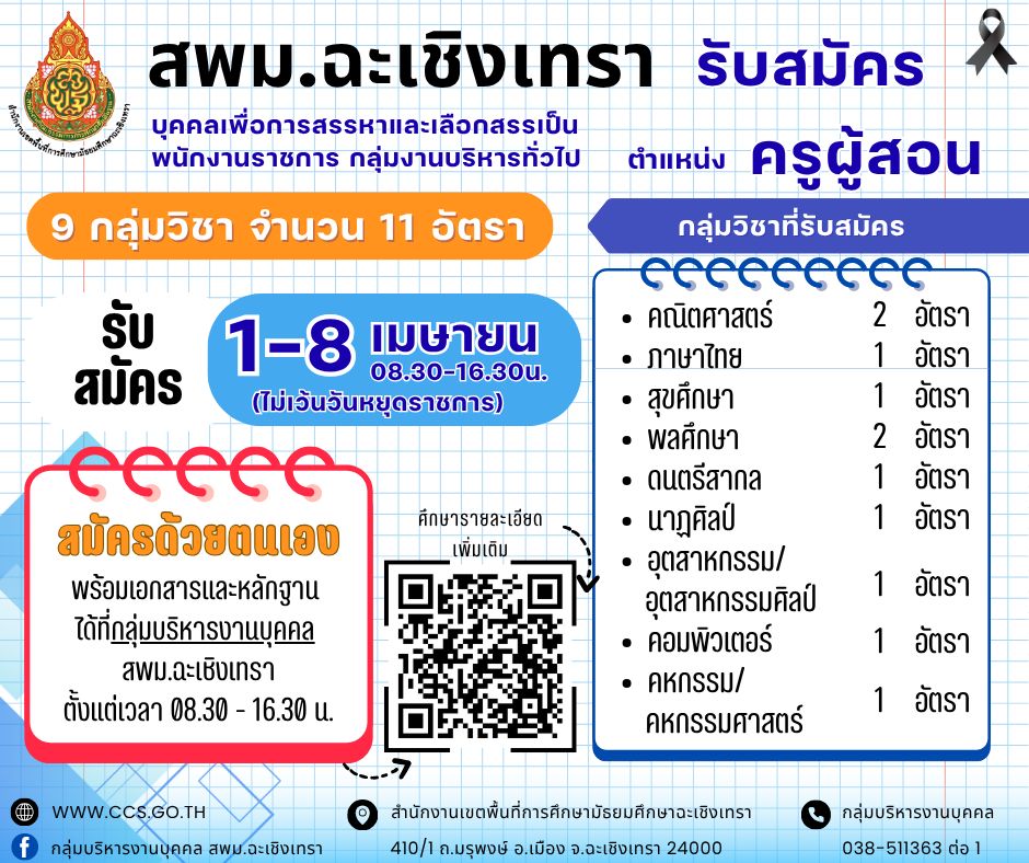 สพม.ฉะเชิงเทรา รับสมัครพนักงานราชการ ครูผู้สอน 11 อัตรา