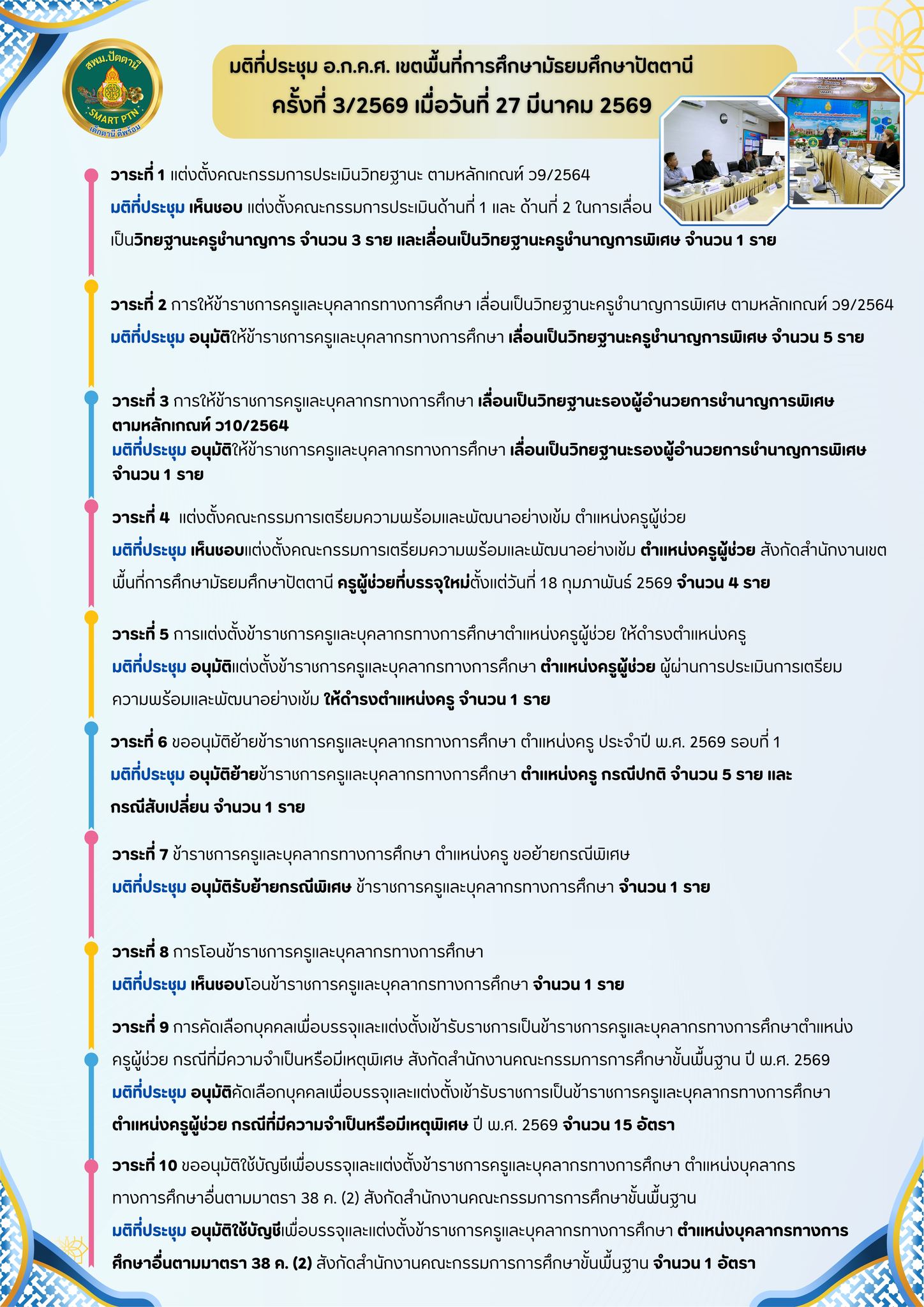 มติที่ประชุม อ.ก.ค.ศ. เขตพื้นที่การศึกษามัธยมศึกษาปัตตานี ครั้งที่ 3/2569