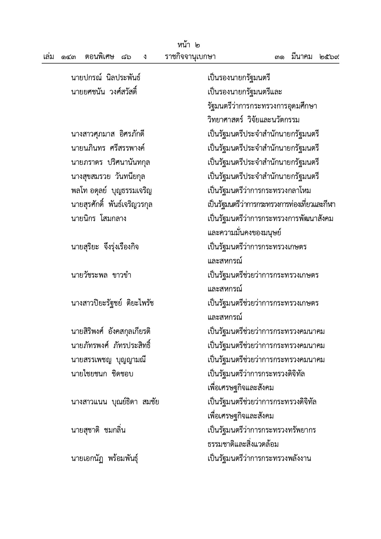 รายชื่อคณะรัฐมนตรี อนุทิน 2 ชุดใหม่