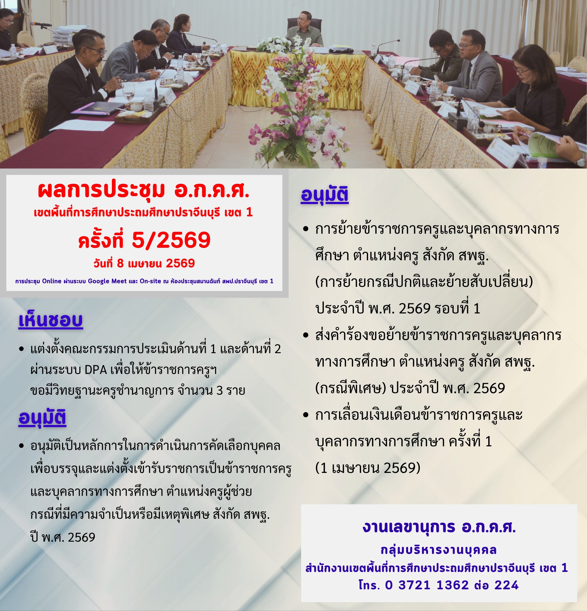 ผลการประชุม อ.ก.ค.ศ. สพป.ปราจีนบุรี เขต 1 อนุมัติย้ายครู สอบครูผู้ช่วย