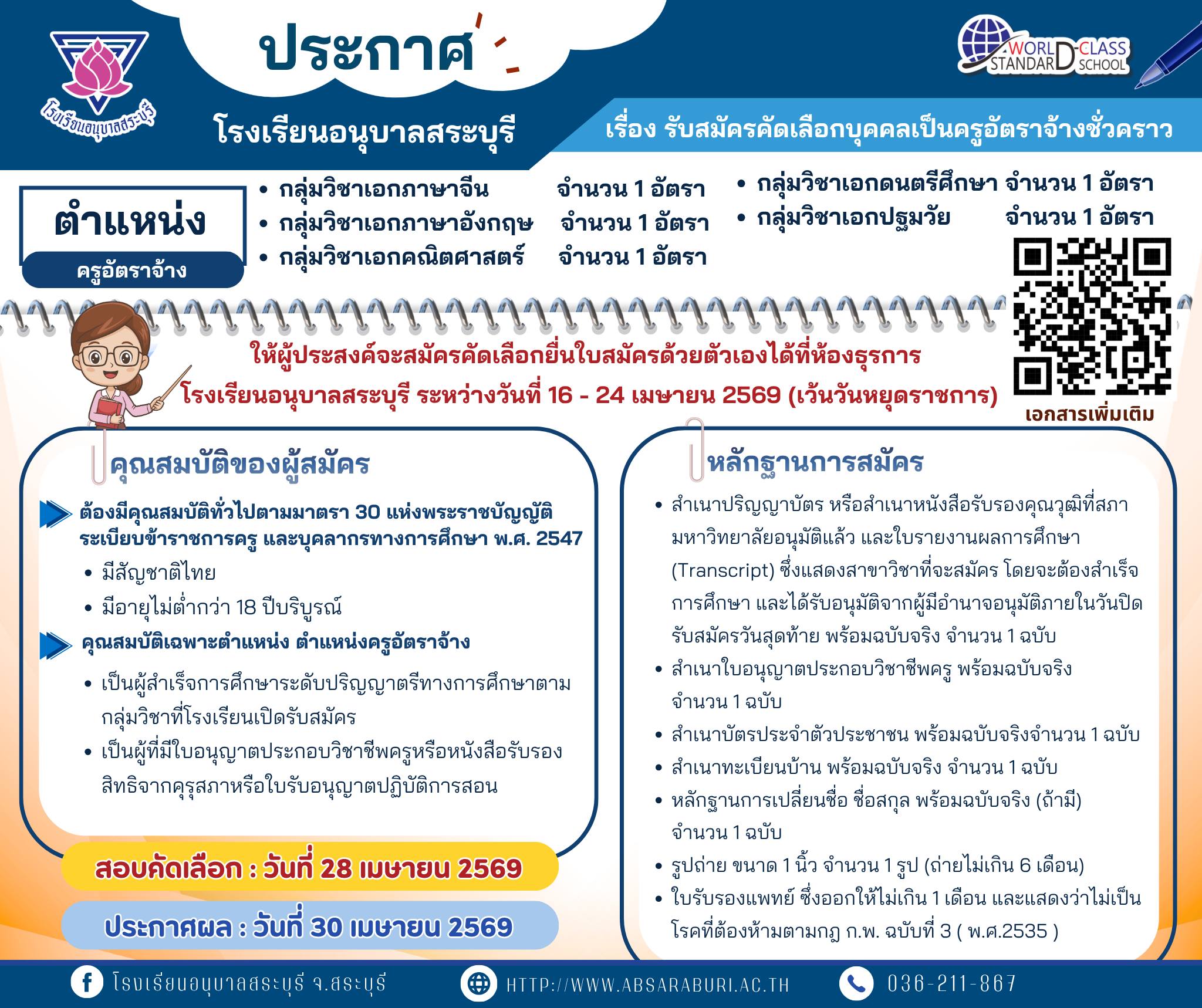 ประกาศรับสมัครครูอัตราจ้าง โรงเรียนอนุบาลสระบุรี 2569