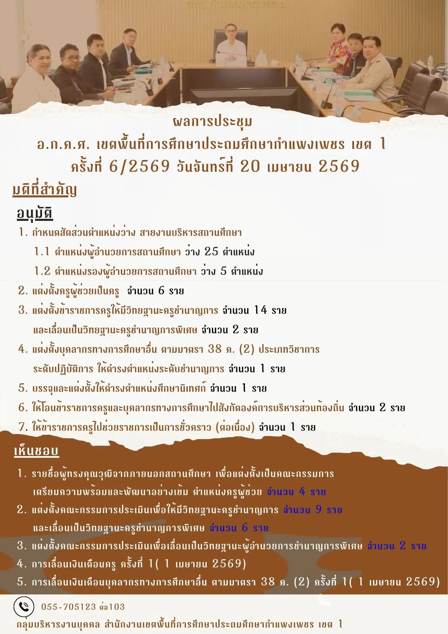 ผลการประชุม อ.ก.ค.ศ. สพป.กำแพงเพชร เขต 1 ครั้งที่ 6/2569