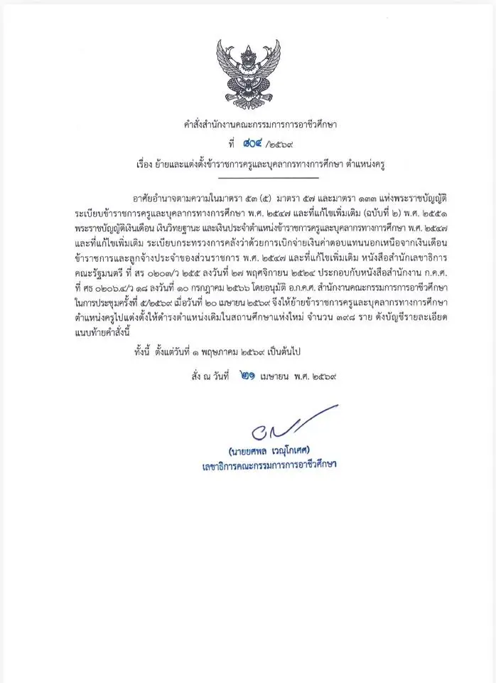 คำสั่งย้ายครูอาชีวศึกษา สอศ. 398 ราย