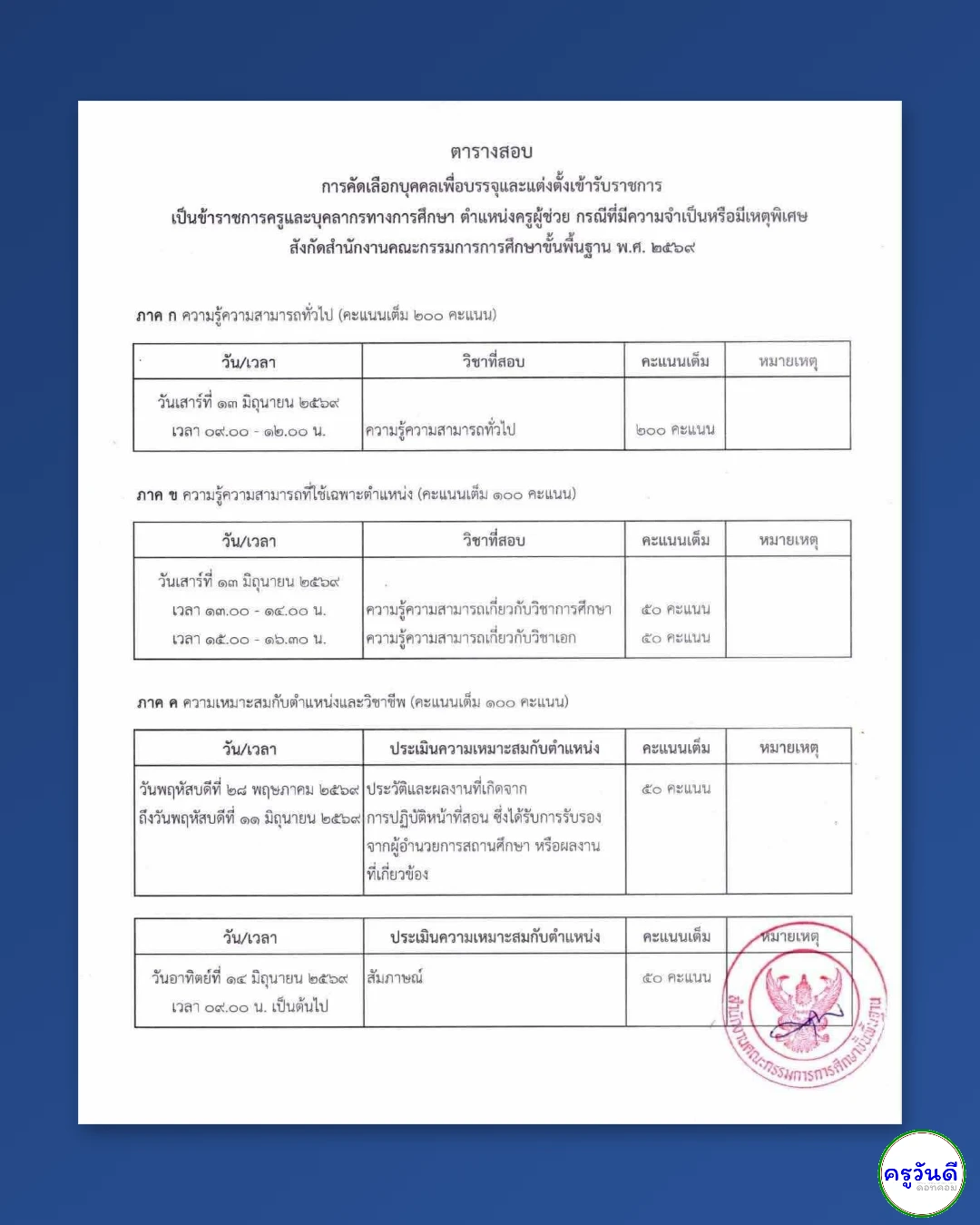 ตารางสอบครูผู้ช่วยกรณีพิเศษ 2569 สพฐ.