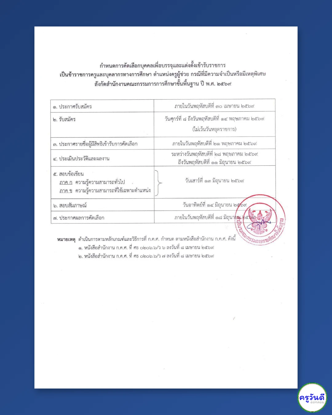 ปฏิทินสอบครูผู้ช่วยกรณีพิเศษ 2569 สพฐ.