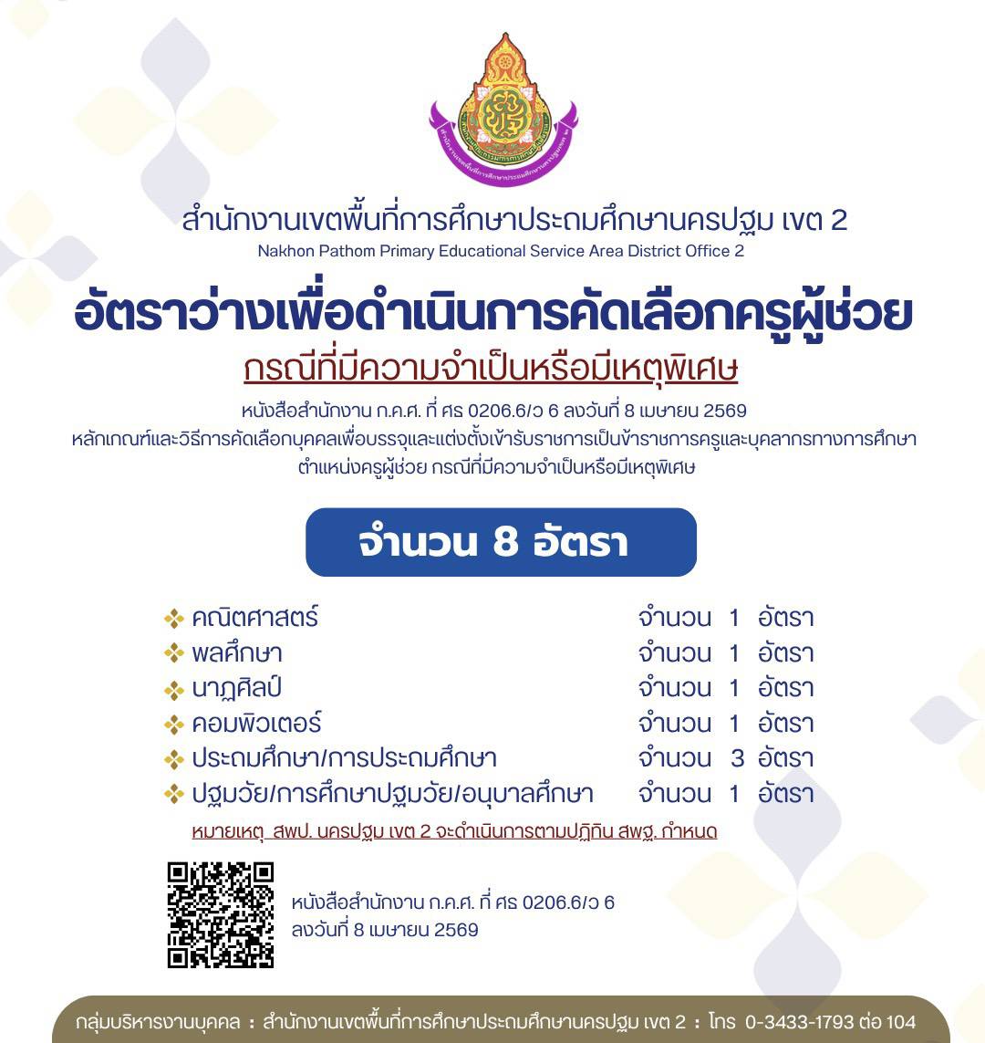 ประกาศอัตราว่างสอบครูผู้ช่วย กรณีพิเศษ สพป.นครปฐม เขต 2 ปี 2569