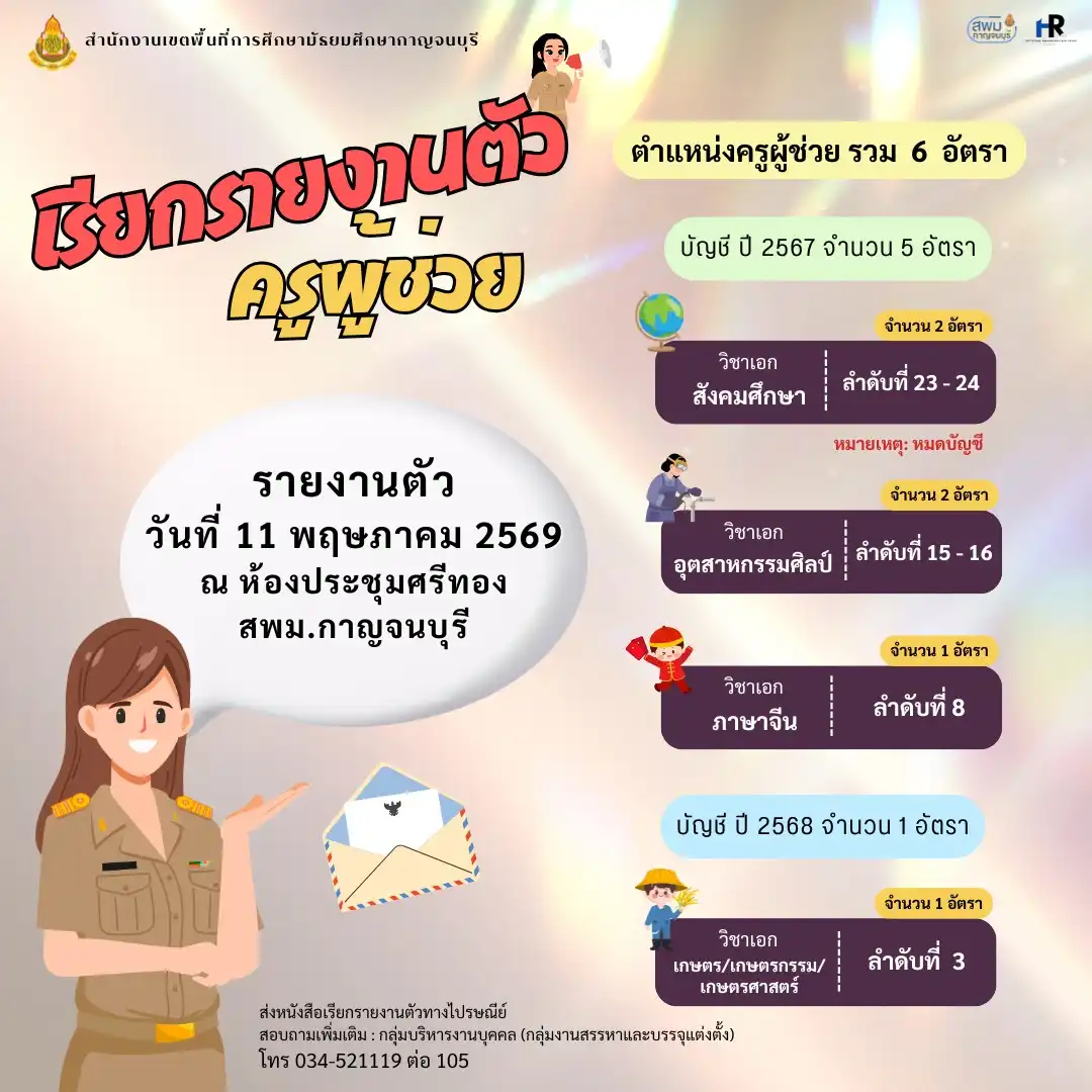 สพม.กาญจนบุรี เรียกบรรจุครูผู้ช่วย ปี 2569