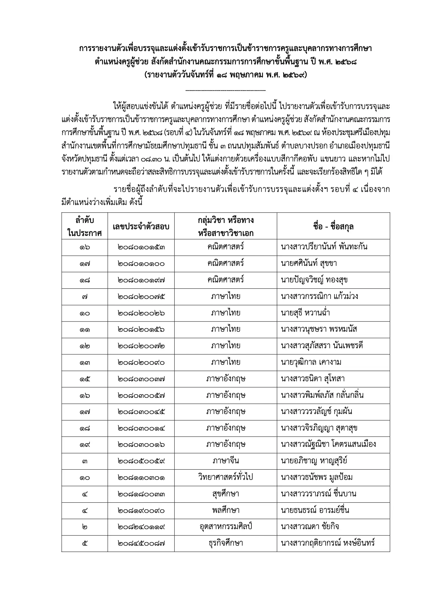 ประกาศเรียกบรรจุครูผู้ช่วย สพม.ปทุมธานี แผ่นที่ 1