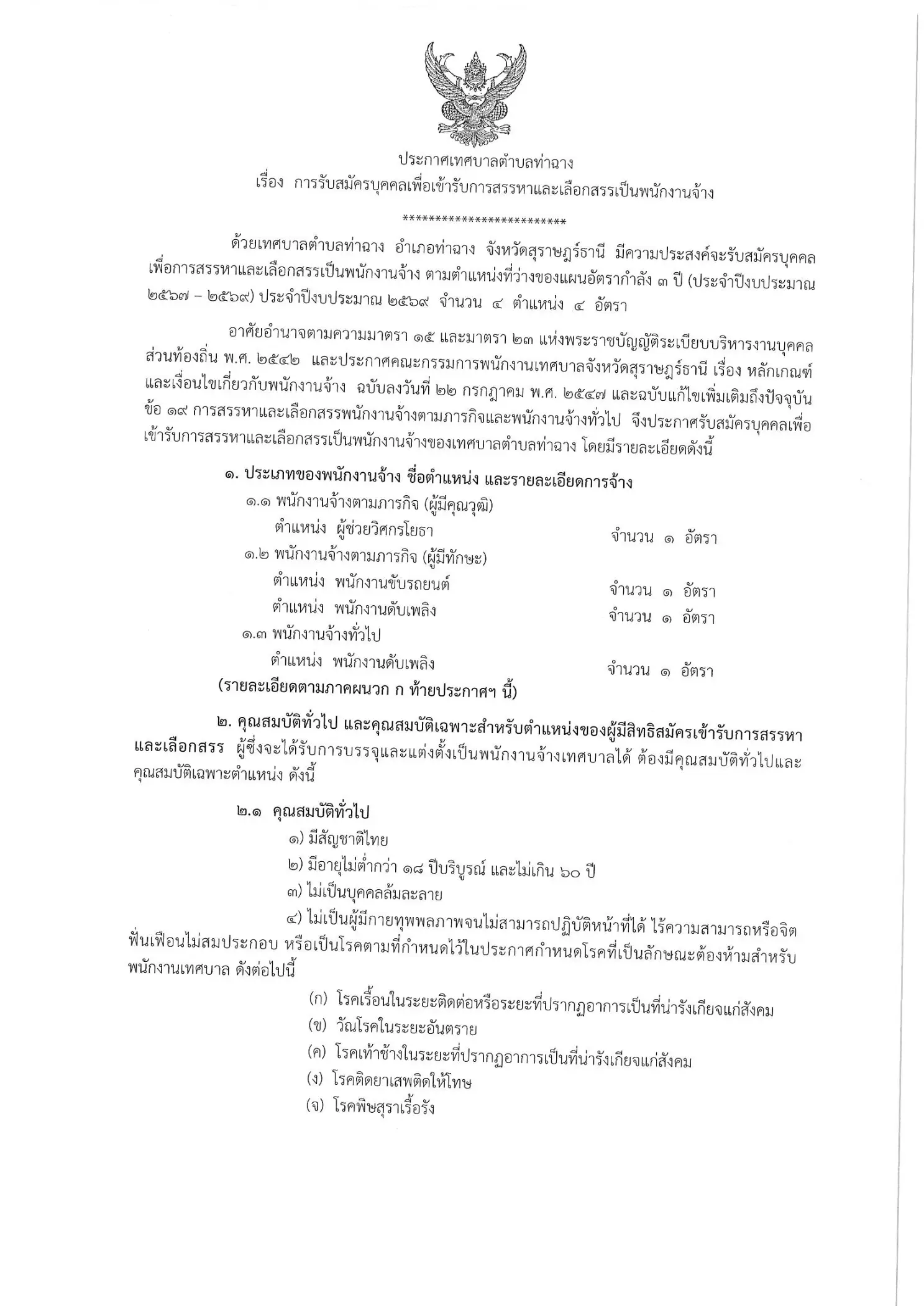 ประกาศรับสมัครพนักงานจ้าง เทศบาลตำบลท่าฉาง จังหวัดสุราษฎร์ธานี