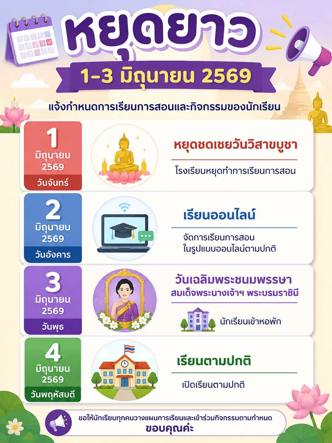 อินโฟกราฟิกโรงเรียนกาญจนาภิเษกวิทยาลัย เพชรบูรณ์ วันที่ 2 มิถุนายน 2569 เรียนออนไลน์