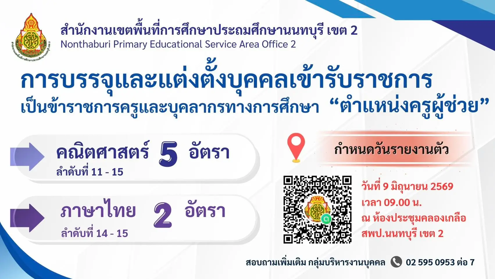 สพป.นนทบุรี เขต 2 เรียกบรรจุครูผู้ช่วย 7 อัตรา