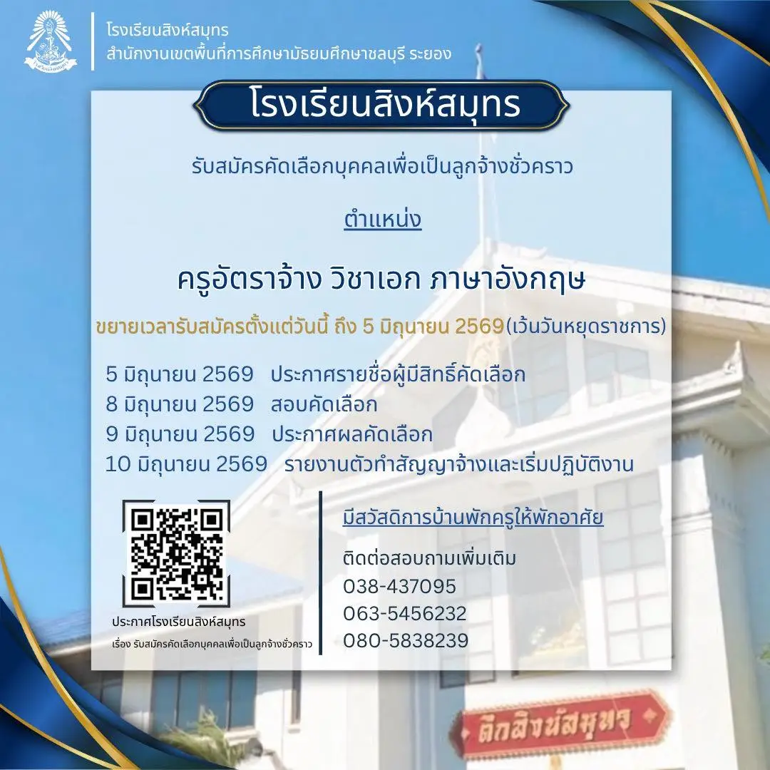ประกาศขยายเวลารับสมัครครูอัตราจ้าง โรงเรียนสิงห์สมุทร