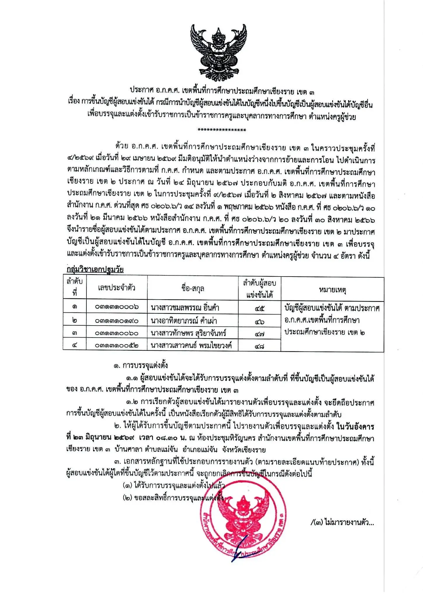 ประกาศเรียกบรรจุครูผู้ช่วย สพป.เชียงราย เขต 3