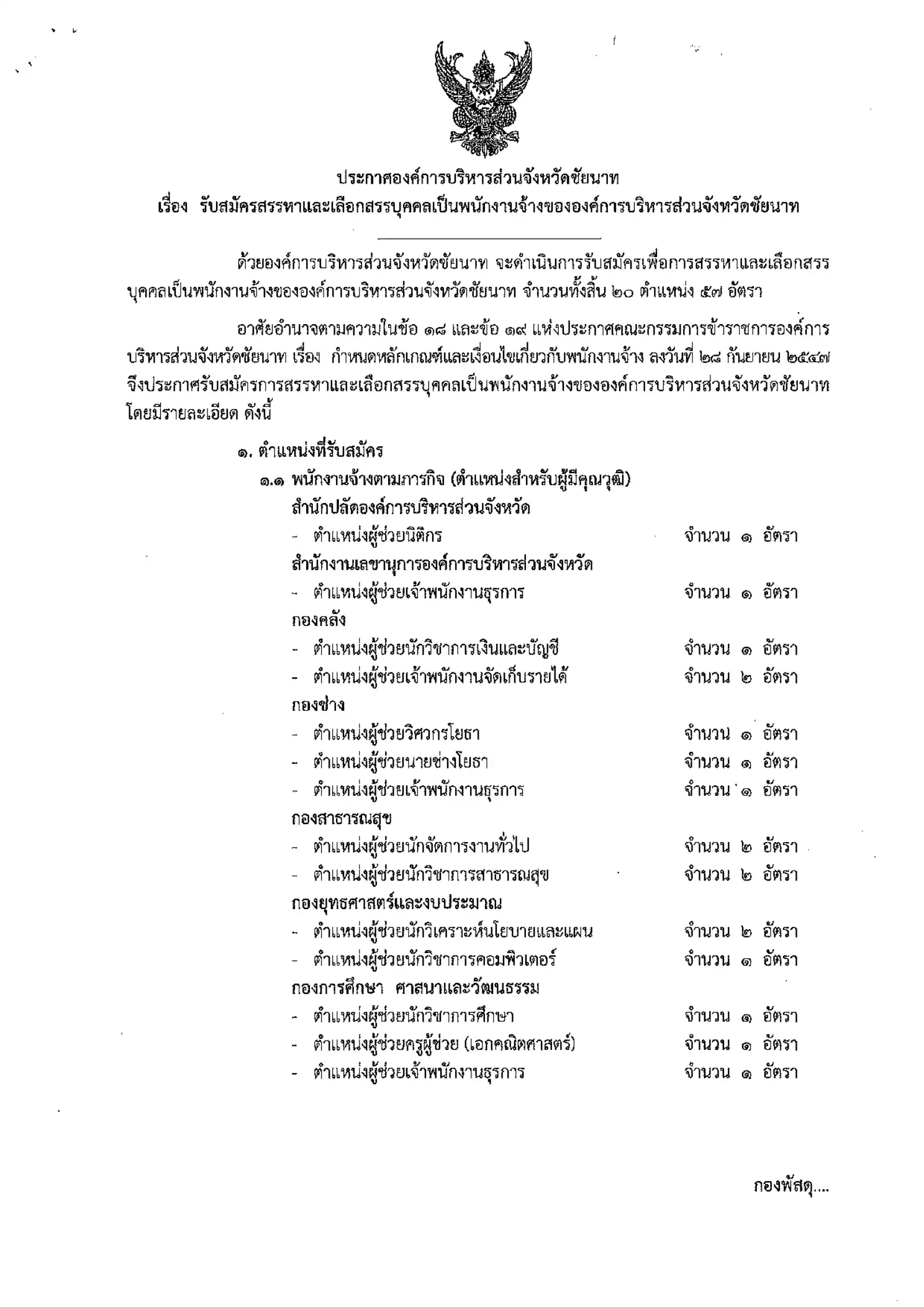 ประกาศรับสมัครพนักงานจ้าง องค์การบริหารส่วนจังหวัดชัยนาท 2569