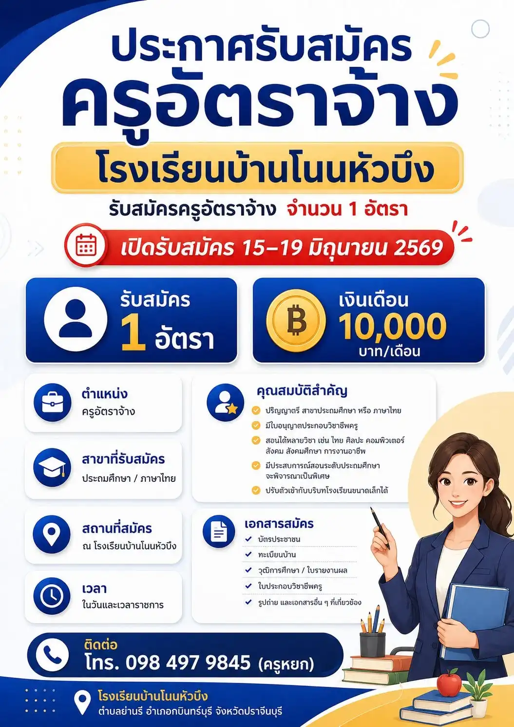 ประกาศรับสมัครครู โรงเรียนบ้านโนนหัวบึง ปราจีนบุรี 2569