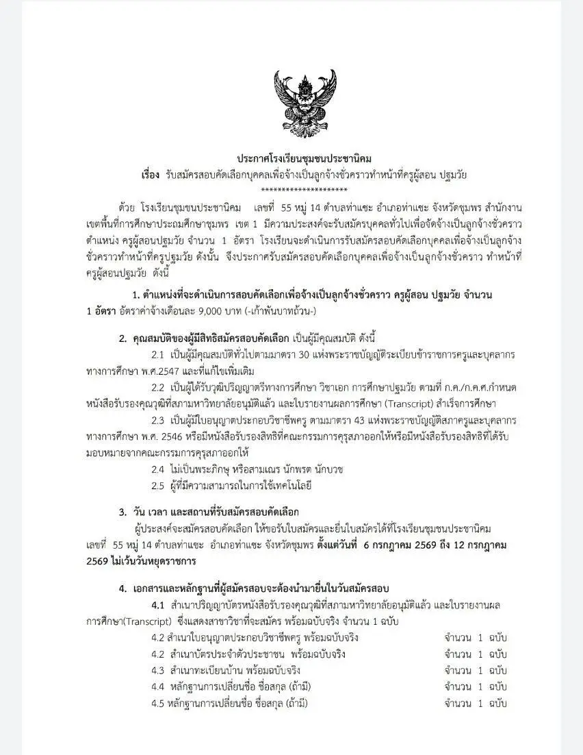 โรงเรียนชุมชนประชานิคม ชุมพร รับครูผู้สอนปฐมวัย 2569
