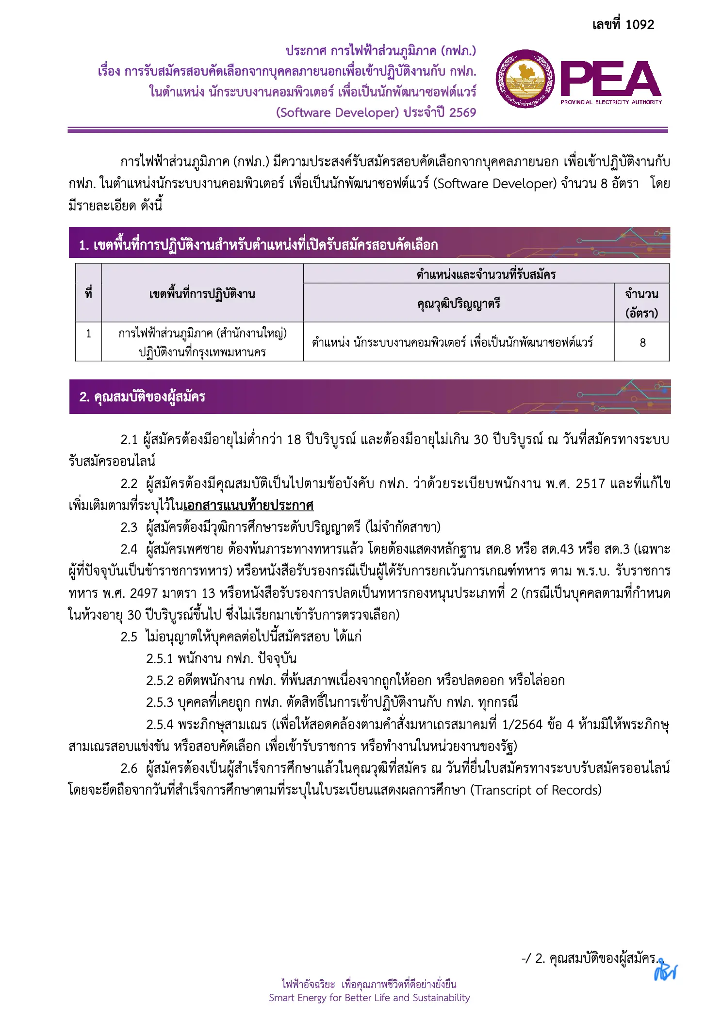 ประกาศรับสมัครนักพัฒนาซอฟต์แวร์ กฟภ. 2569