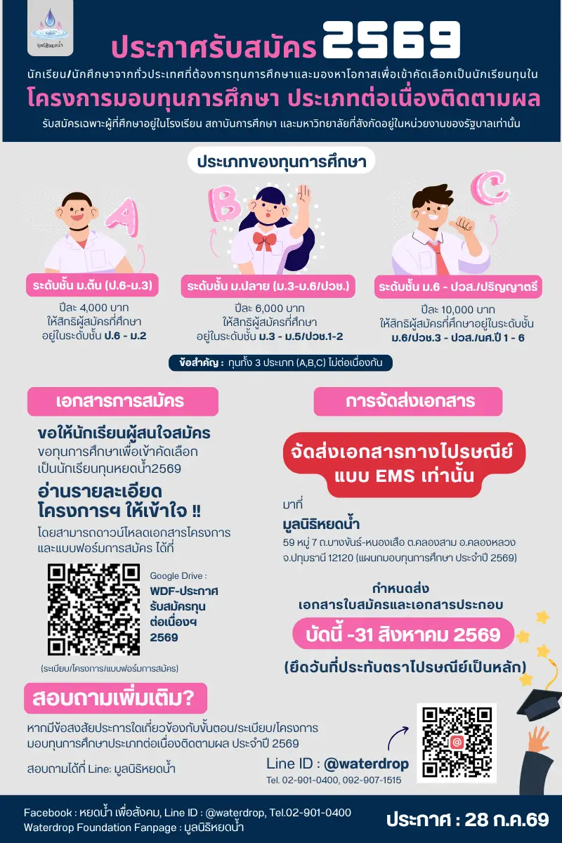 ประกาศรับสมัครทุนต่อเนื่อง มูลนิธิหยดน้ำ ปี 2569 โปสเตอร์