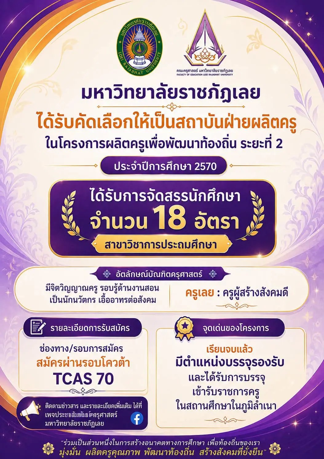 ประกาศการรับสมัครนักศึกษา โครงการผลิตครูเพื่อพัฒนาท้องถิ่น ระยะที่ 2 ปีการศึกษา 2570 มหาวิทยาลัยราชภัฏเลย