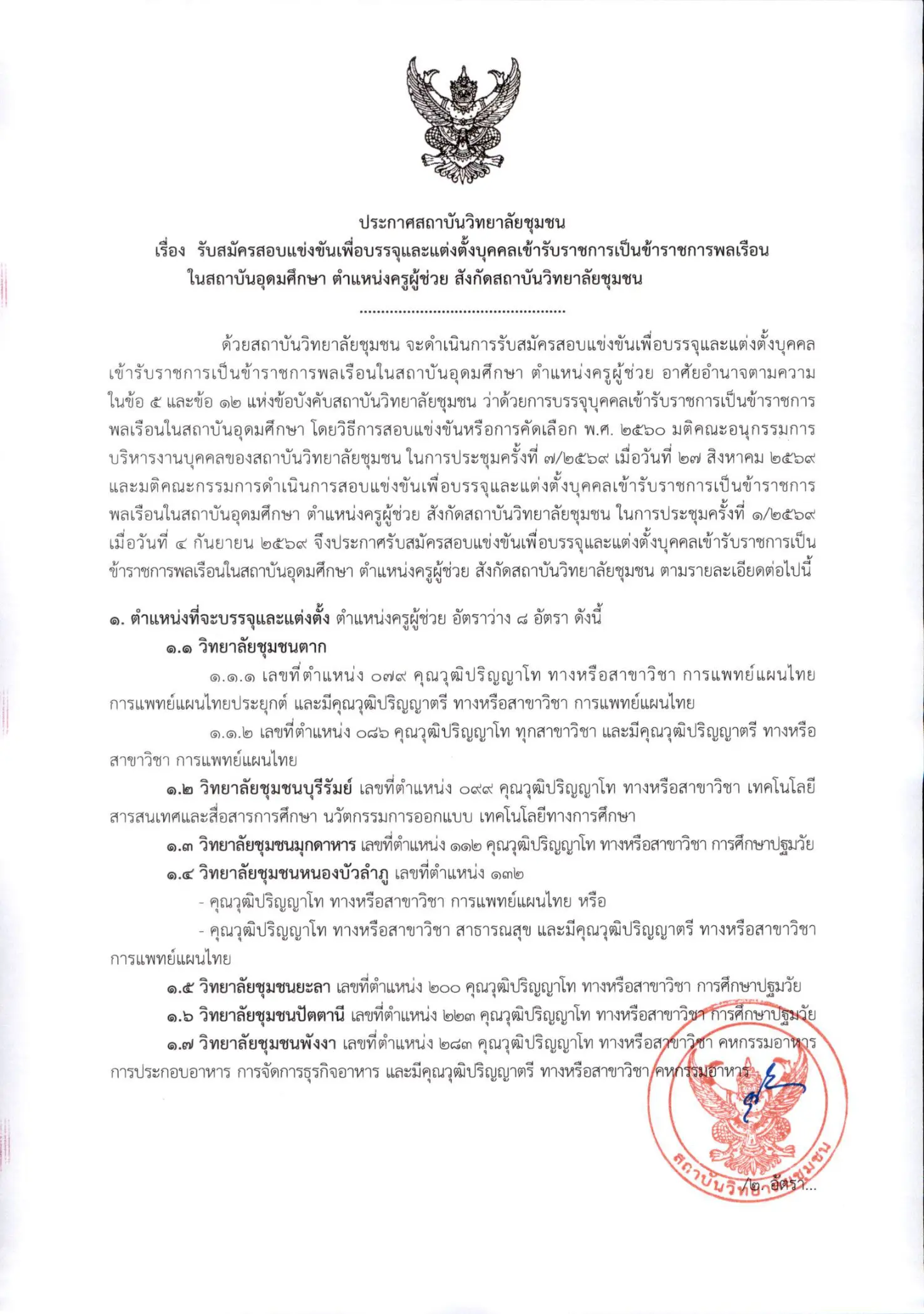 สถาบันวิทยาลัยชุมชน รับสมัครสอบแข่งขัน ตำแหน่งครูผู้ช่วย