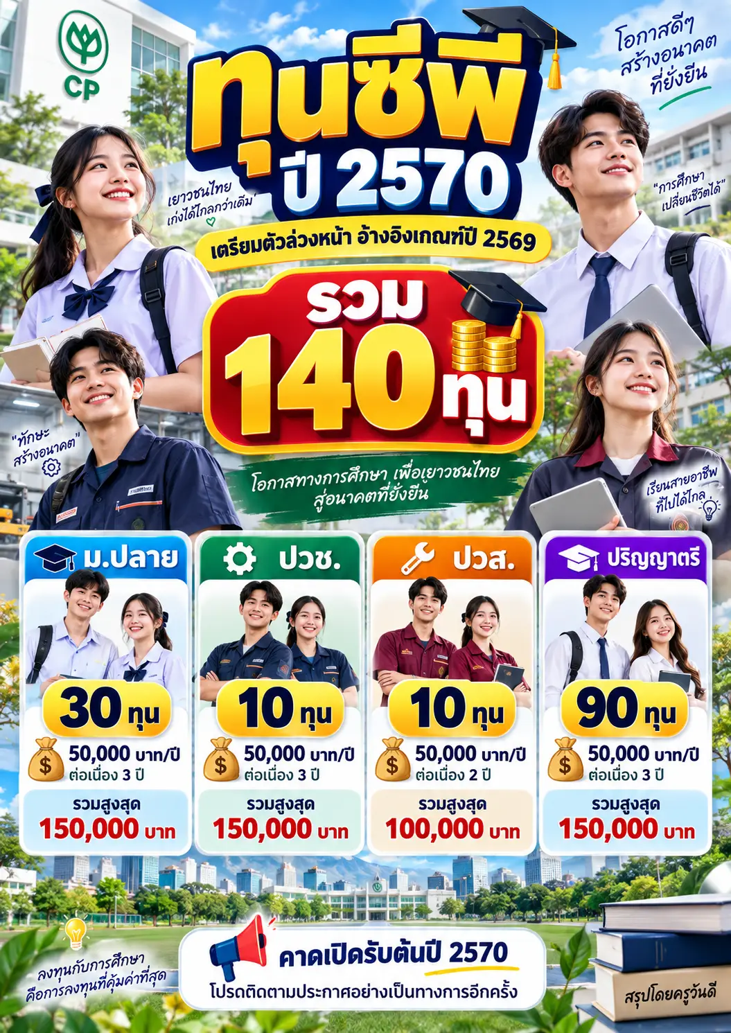 เตรียมตัวไว้! ทุนซีพี ปี 2570 คาดเปิดรับต้นปี เช็กคุณสมบัติ ม.ปลาย ปวช. ปวส. และปริญญาตรี