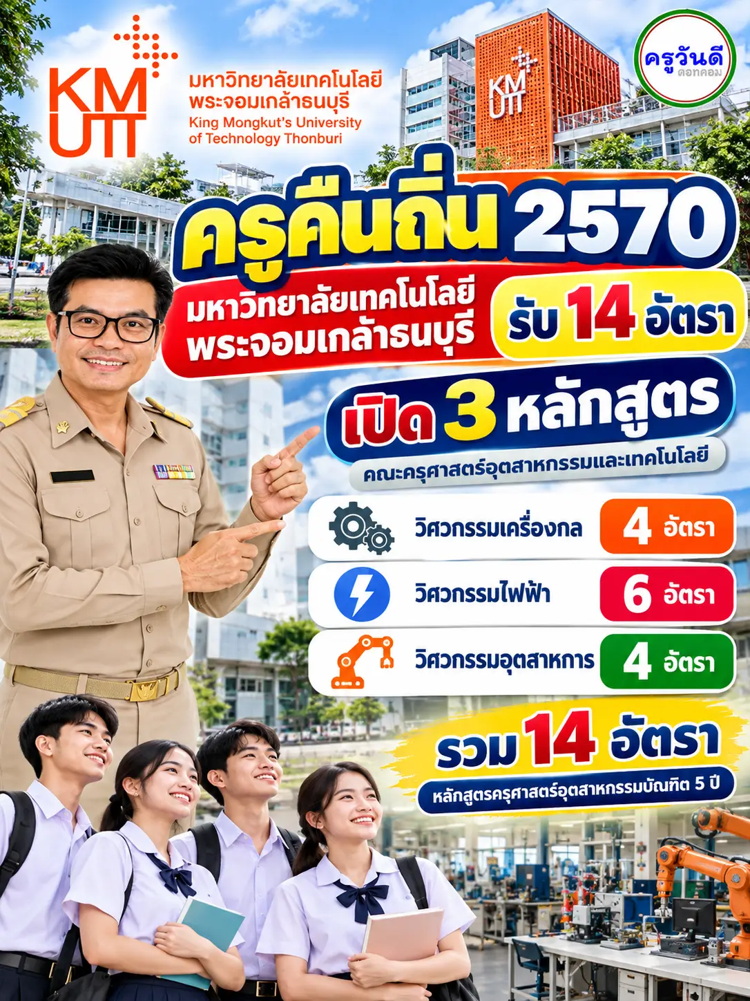 ครูคืนถิ่น ปี 2570 มหาวิทยาลัยเทคโนโลยีพระจอมเกล้าธนบุรี รับ 14 อัตรา