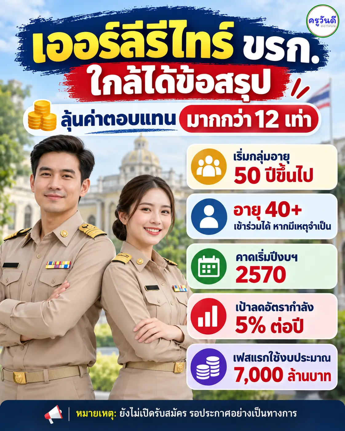 เออร์ลีรีไทร์ข้าราชการ ปี 2570 ลุ้นค่าตอบแทนมากกว่า 12 เท่า